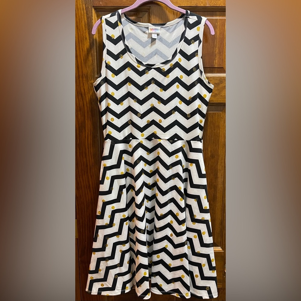 Black and White Gold Metallic Fit and Flare Dress